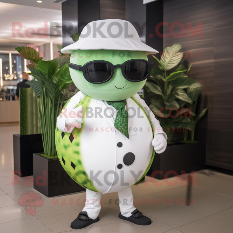 White Watermelon mascot costume character dressed with a Coat and Sunglasses White Watermelon mascot costume character dressed with a Coat and Sunglasses