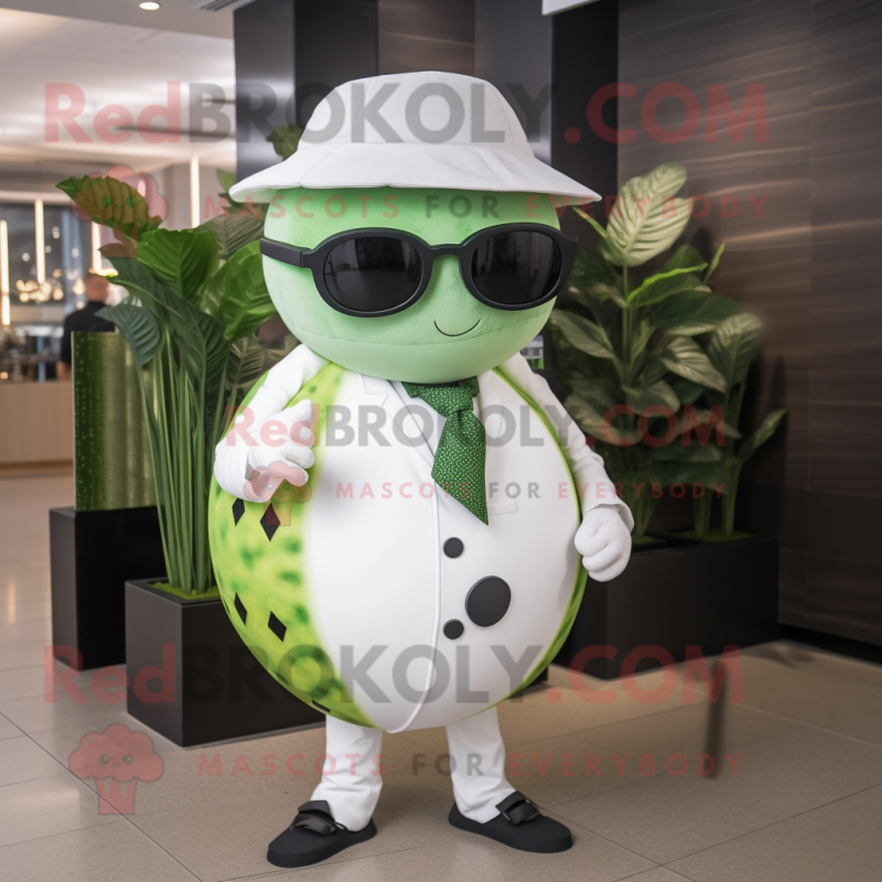 White Watermelon mascot costume character dressed with a Coat and Sunglasses