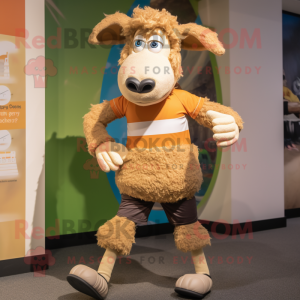 Tan Merino Sheep mascot costume character dressed with a Running Shorts and Cummerbunds