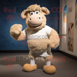 Tan Merino Sheep mascot costume character dressed with a Running Shorts and Cummerbunds