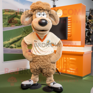 Tan Merino Sheep mascot costume character dressed with a Running Shorts and Cummerbunds