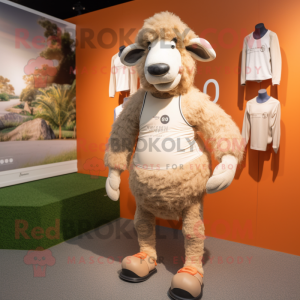 Tan Merino Sheep mascot costume character dressed with a Running Shorts and Cummerbunds