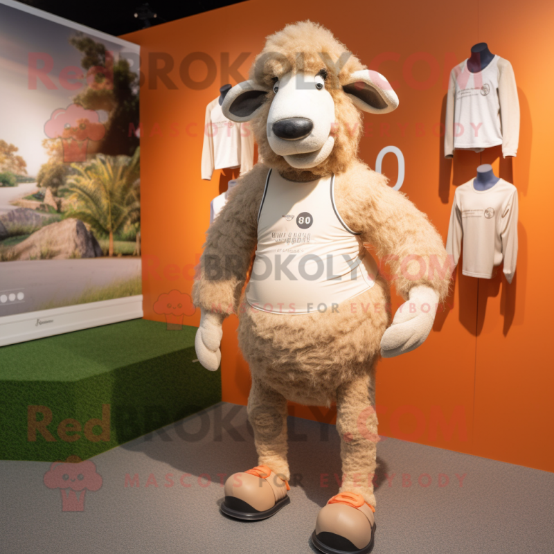 Tan Merino Sheep mascot costume character dressed with a Running Shorts and Cummerbunds Tan Merino Sheep mascot costume character dressed with a Running Shorts and Cummerbunds