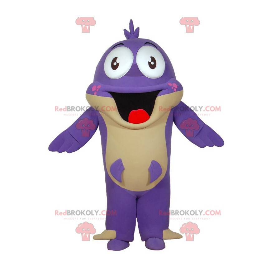 Mascota de pez morado con boca grande. Mascota divertida -