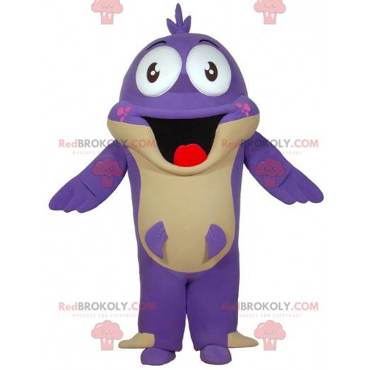 Mascota de pez morado con boca grande. Mascota divertida -