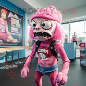 Pink Zombie mascot costume character dressed with a One-Piece Swimsuit and Beanies