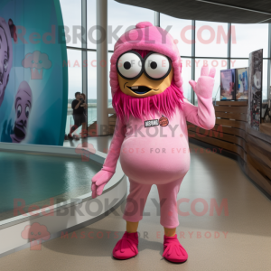 Pink Zombie mascot costume character dressed with a One-Piece Swimsuit and Beanies