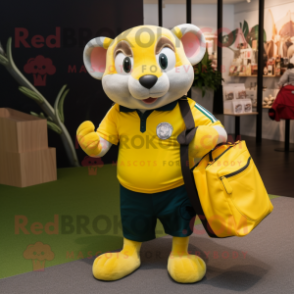 Lemon Yellow Weasel mascot costume character dressed with a Rugby Shirt and Handbags