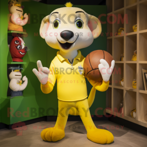 Lemon Yellow Weasel mascot costume character dressed with a Rugby Shirt and Handbags