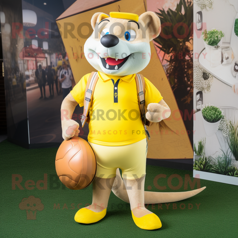 Lemon Yellow Weasel mascot costume character dressed with a Rugby Shirt and Handbags