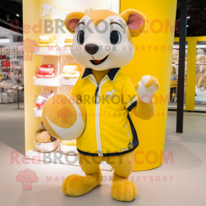 Lemon Yellow Weasel mascot costume character dressed with a Rugby Shirt and Handbags