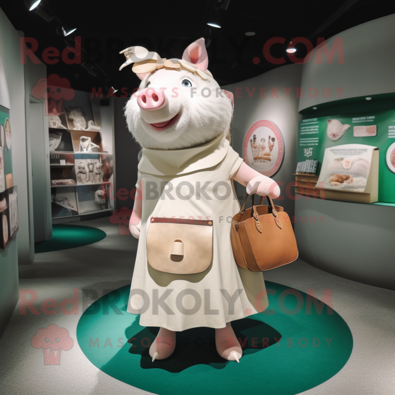 White Pig mascot costume character dressed with a Wrap Skirt and Handbags