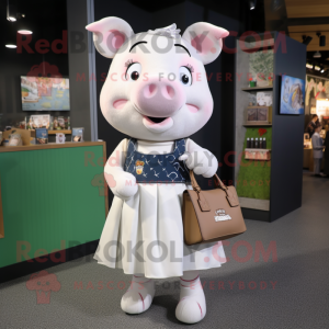 White Pig mascot costume character dressed with a Wrap Skirt and Handbags