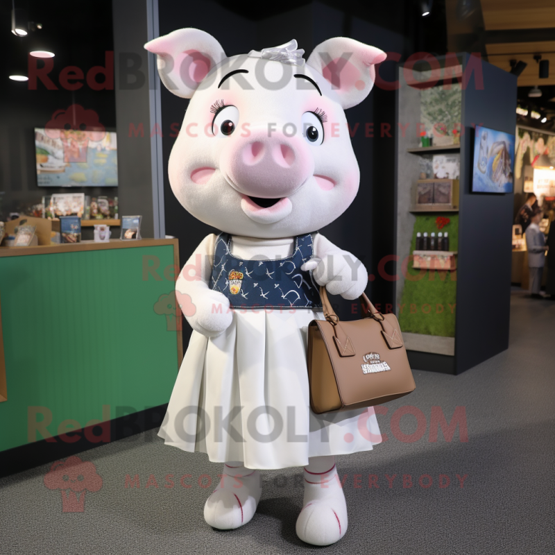 White Pig mascot costume character dressed with a Wrap Skirt and Handbags