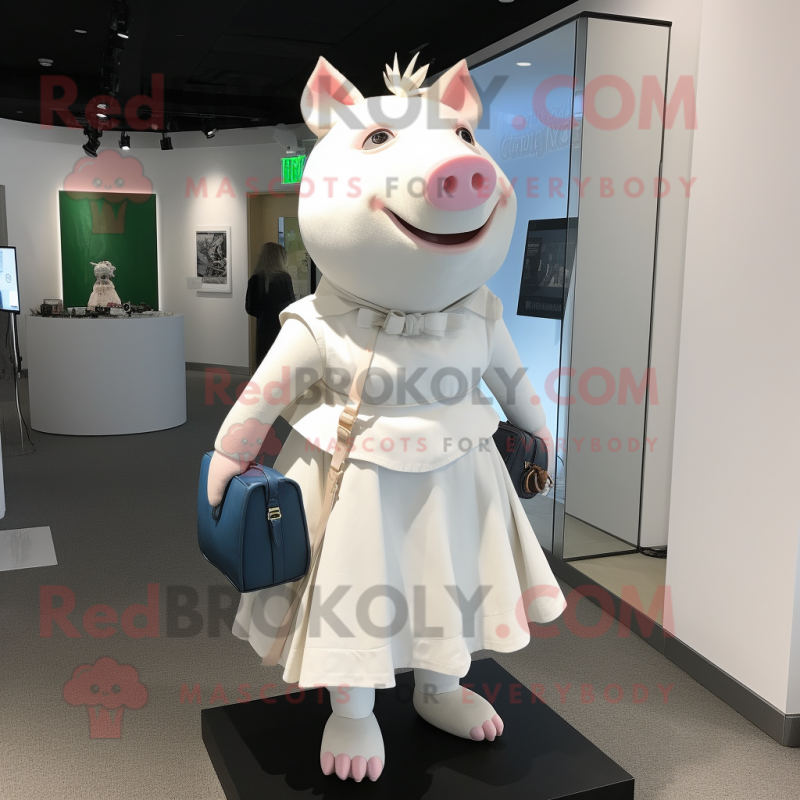 White Pig mascot costume character dressed with a Wrap Skirt and Handbags