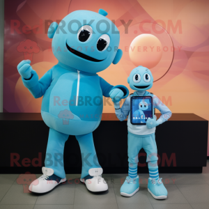 Cyan Aglet mascot costume character dressed with a Sweater and Smartwatches