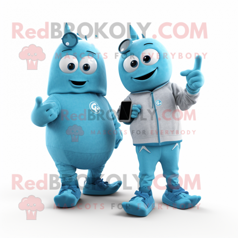 Cyan Aglet mascot costume character dressed with a Sweater and Smartwatches