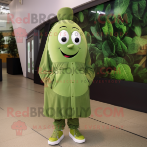 Olive Spinach mascot costume character dressed with a Coat and Shoe laces