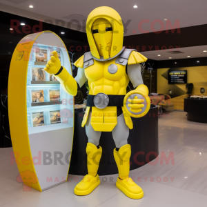 Lemon Yellow Spartan Soldier mascot costume character dressed with a Mini Skirt and Coin purses