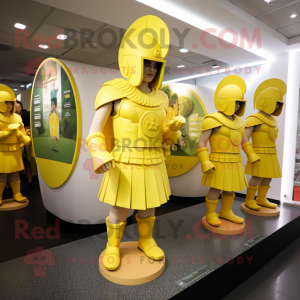 Lemon Yellow Spartan Soldier mascot costume character dressed with a Mini Skirt and Coin purses