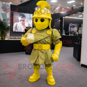 Lemon Yellow Spartan Soldier mascot costume character dressed with a Mini Skirt and Coin purses