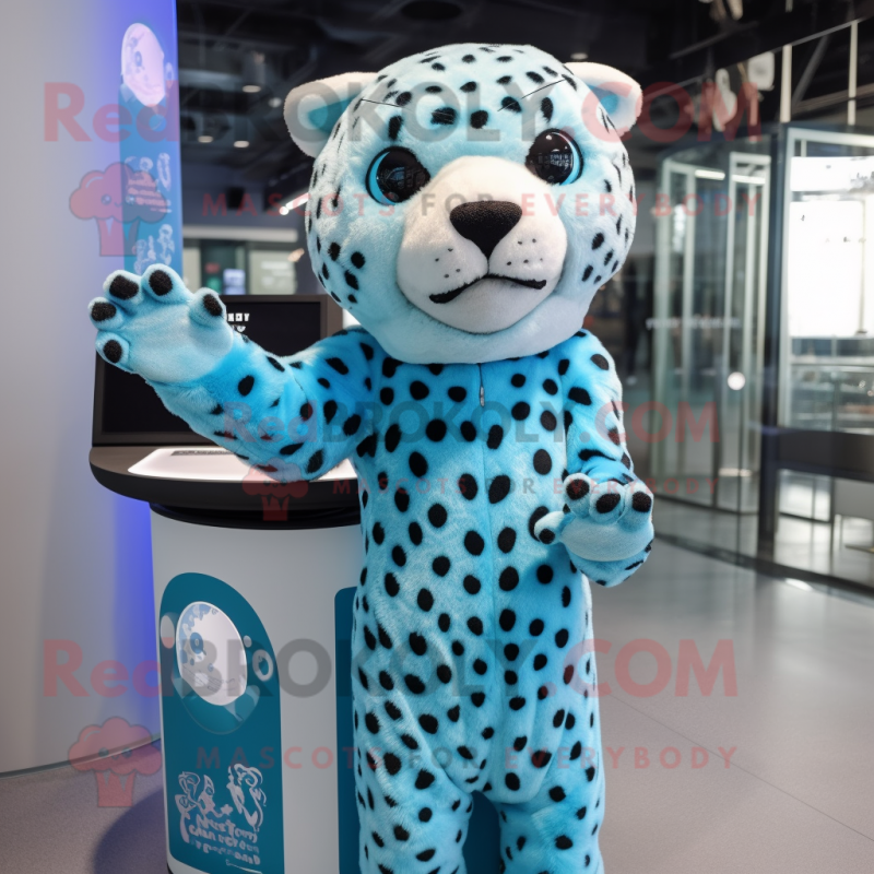 Sky Blue Cheetah mascot costume character dressed with a Rash Guard and Hairpins