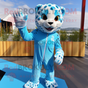 Sky Blue Cheetah mascot costume character dressed with a Rash Guard and Hairpins