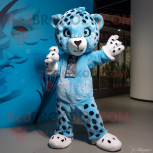 Sky Blue Cheetah mascot costume character dressed with a Rash Guard and Hairpins