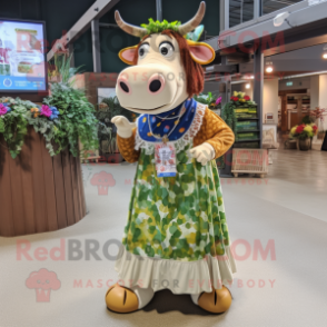 nan Guernsey Cow mascot costume character dressed with a Maxi Skirt and Rings