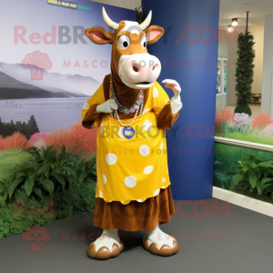 nan Guernsey Cow mascot costume character dressed with a Maxi Skirt and Rings