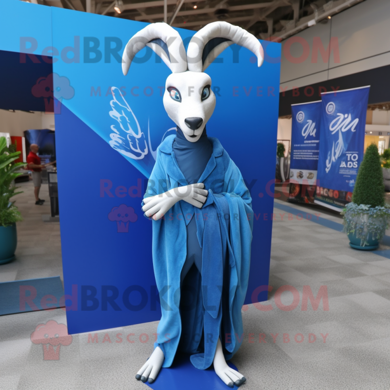 Blue Gazelle mascot costume character dressed with a Suit Pants and Shawl pins