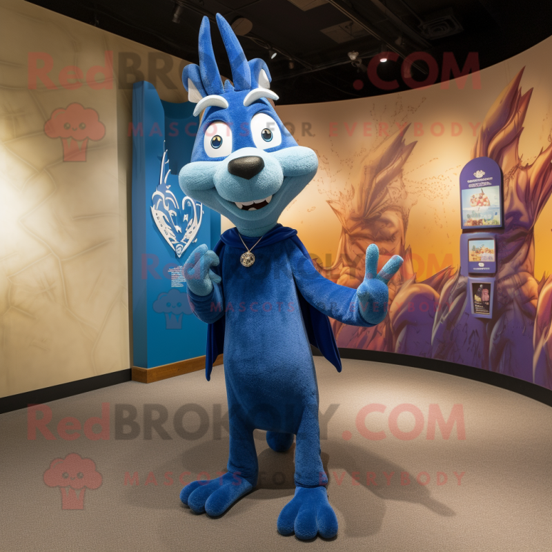 Blue Gazelle mascot costume character dressed with a Suit Pants and Shawl pins