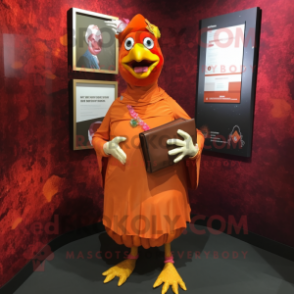 Rust Butter Chicken mascot costume character dressed with a Empire Waist Dress and Wallets