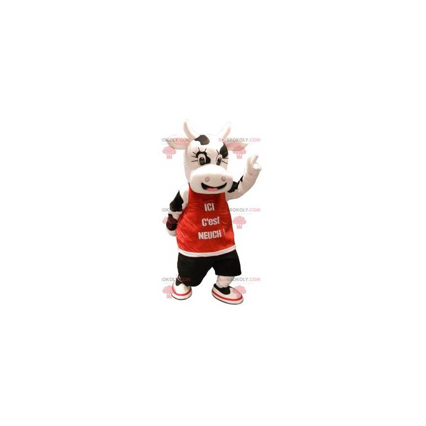 Vaca mascote branca e preta com babador vermelho -