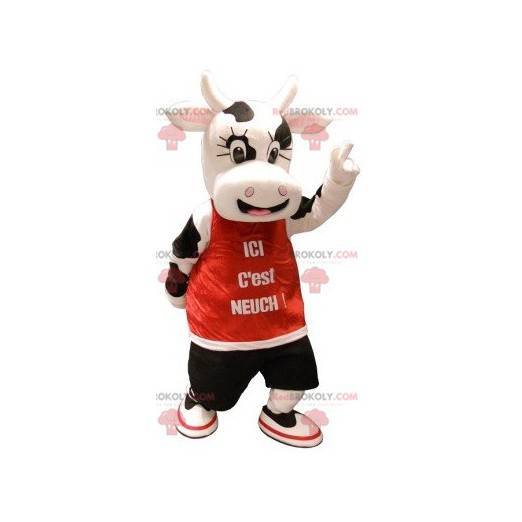 Vaca mascote branca e preta com babador vermelho -