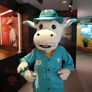 Turquoise Jersey Cow mascot costume character dressed with a Poplin Shirt and Beanies