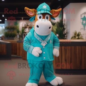 Turquoise Jersey Cow mascot costume character dressed with a Poplin Shirt and Beanies