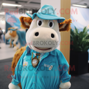 Turquoise Jersey Cow mascot costume character dressed with a Poplin Shirt and Beanies