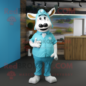Turquoise Jersey Cow mascot costume character dressed with a Poplin Shirt and Beanies