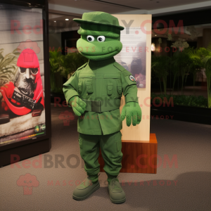 Green Soldier mascot costume character dressed with a Polo Shirt and Shawl pins