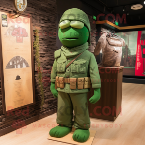 Green Soldier mascot costume character dressed with a Polo Shirt and Shawl pins