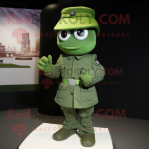 Green Soldier mascot costume character dressed with a Polo Shirt and Shawl pins