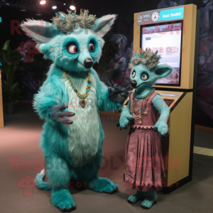 Teal Aye-Aye mascot costume character dressed with a Maxi Dress and Digital watches