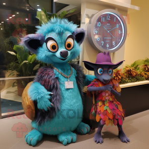 Teal Aye-Aye mascot costume character dressed with a Maxi Dress and Digital watches