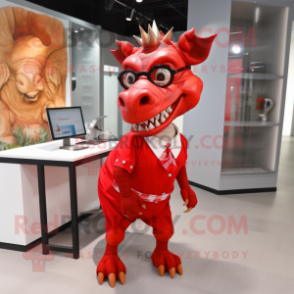 Red Triceratops mascot costume character dressed with a Pencil Skirt and Eyeglasses
