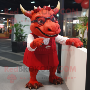 Red Triceratops mascot costume character dressed with a Pencil Skirt and Eyeglasses
