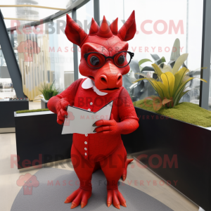 Red Triceratops mascot costume character dressed with a Pencil Skirt and Eyeglasses