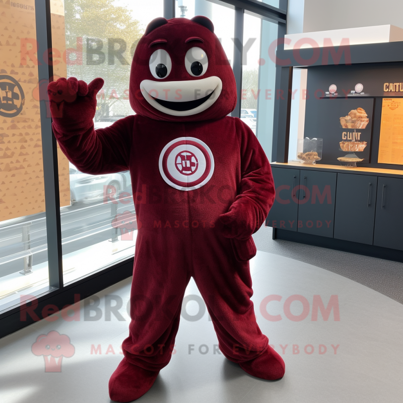 Maroon Bagels mascot costume character dressed with a Jumpsuit and Gloves Maroon Bagels mascot costume character dressed with a Jumpsuit and Gloves