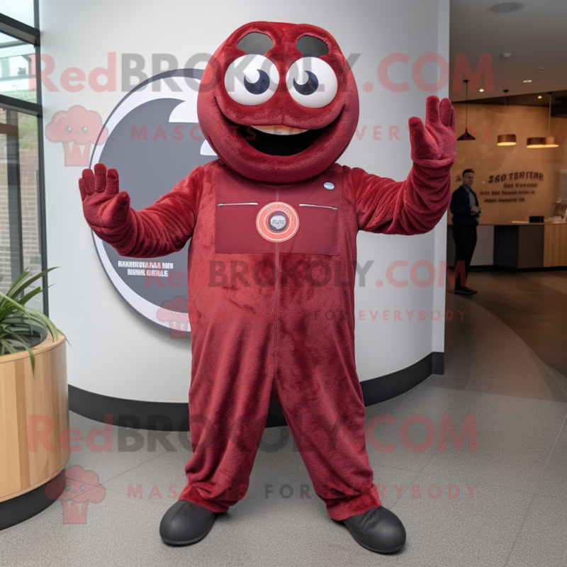 Maroon Bagels mascot costume character dressed with a Jumpsuit and Gloves