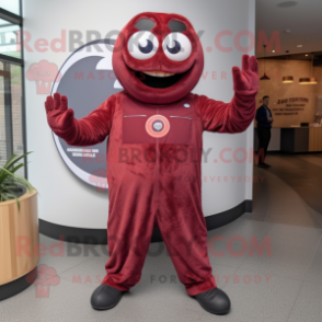 Maroon Bagels mascot costume character dressed with a Jumpsuit and Gloves